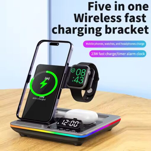 30W New Arrival 5 in 1 Wireless Charging Station Desktop Digital Clock Wireless Charger Stand Alarm Clock With Night Light