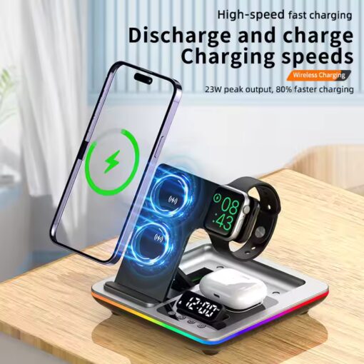 30W New Arrival 5 in 1 Wireless Charging Station Desktop Digital Clock Wireless Charger Stand Alarm Clock With Night Light - Image 3